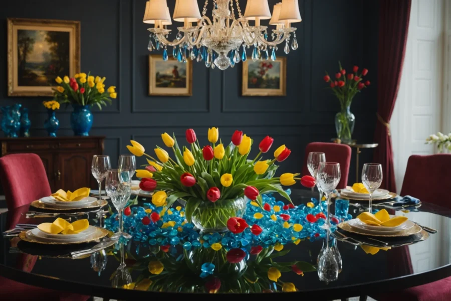 décoration de table avec fleurs en verre